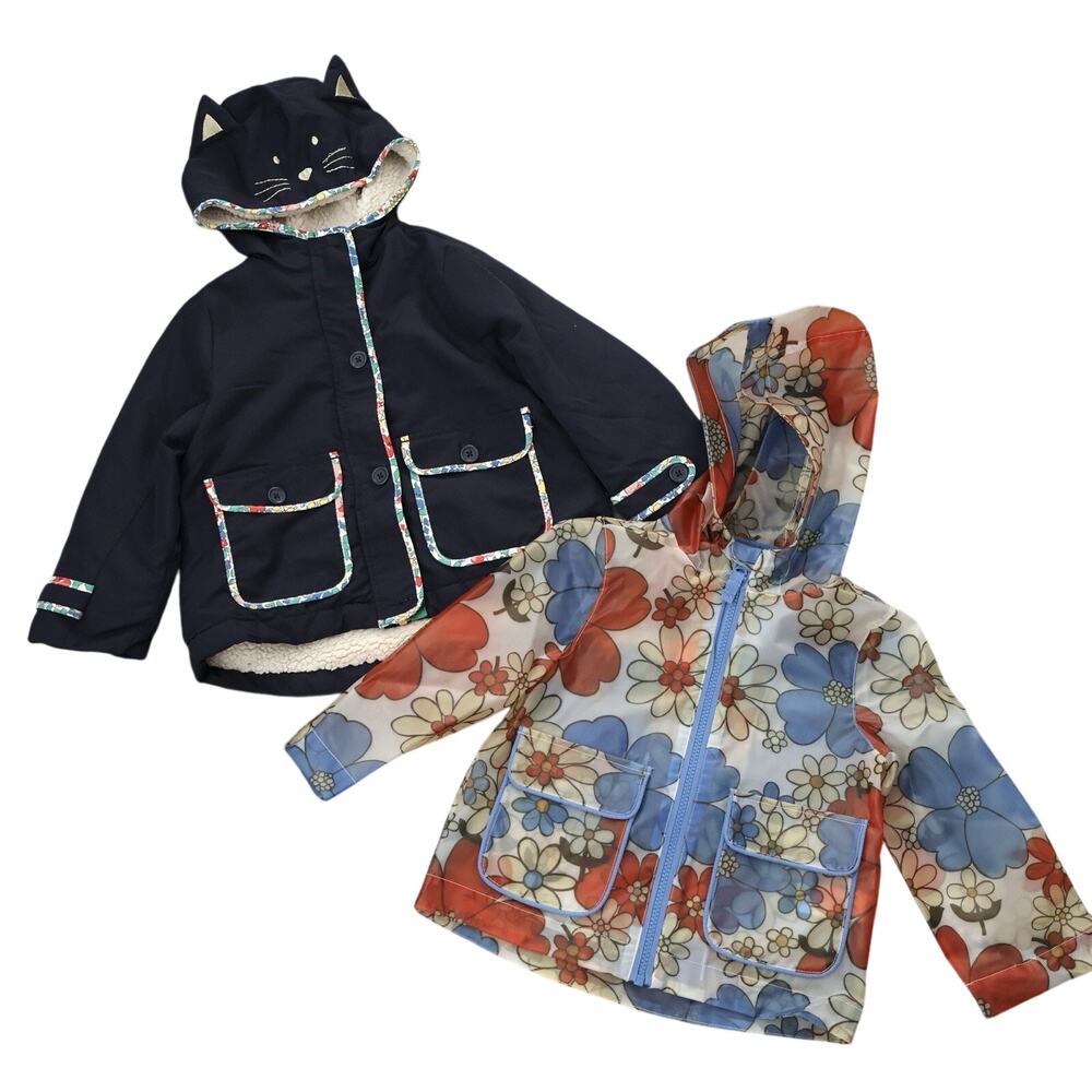 Mini Boden Navy Cat Sherpa Fleece Jacket & Clear Floral Rain Jacket Coat 2-3Y